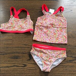 Bundle of Mini Boden Cross Back Bikini Multi Flowerbed print orange trim sz 3-4
